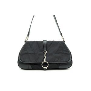 Prada Hobo Handbag Ring Buckle Triangle Plate Tessuto Black